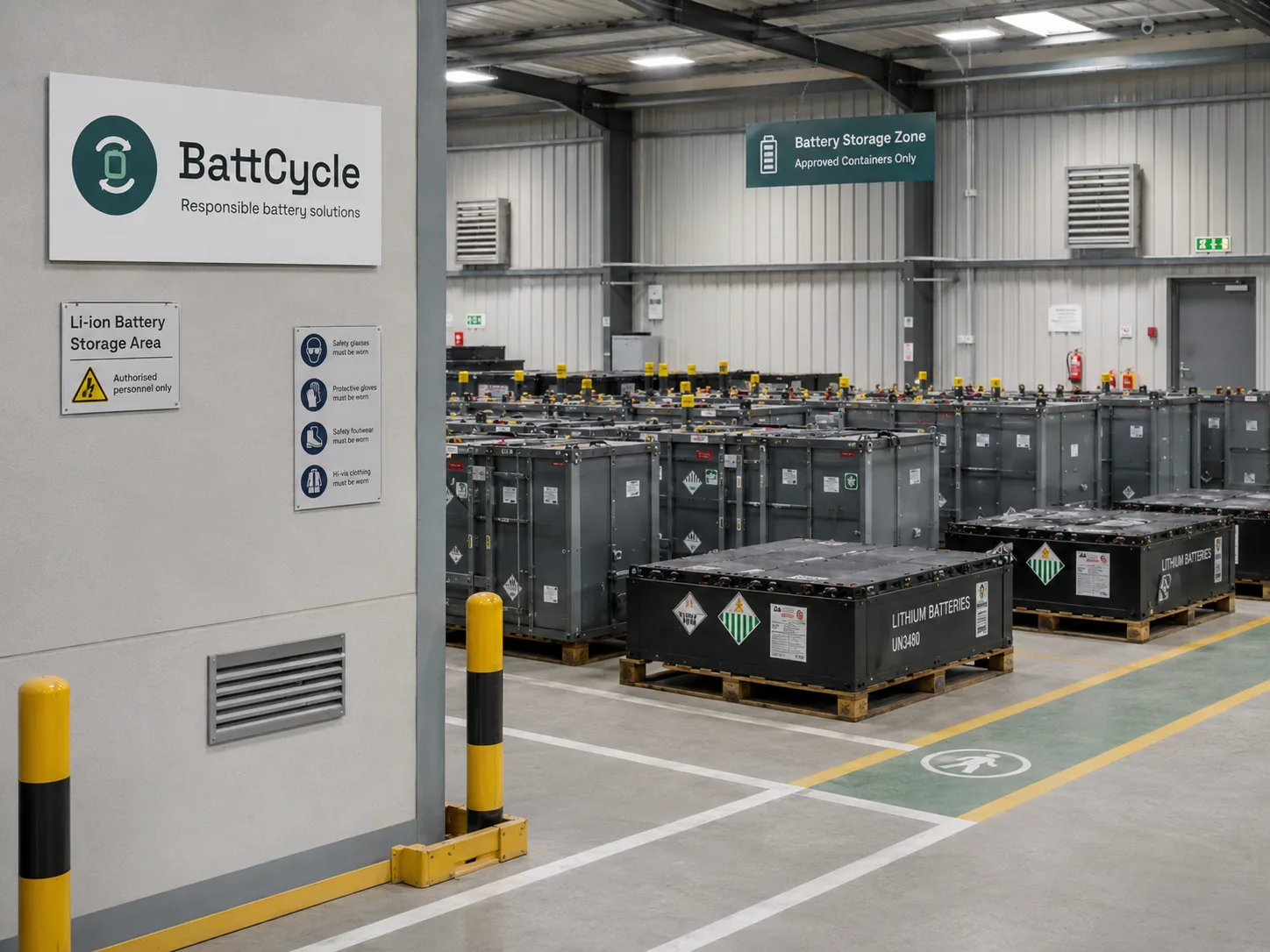 Neutrale Lagerzone mit gekennzeichneten Behältern für Lithium-Batterien