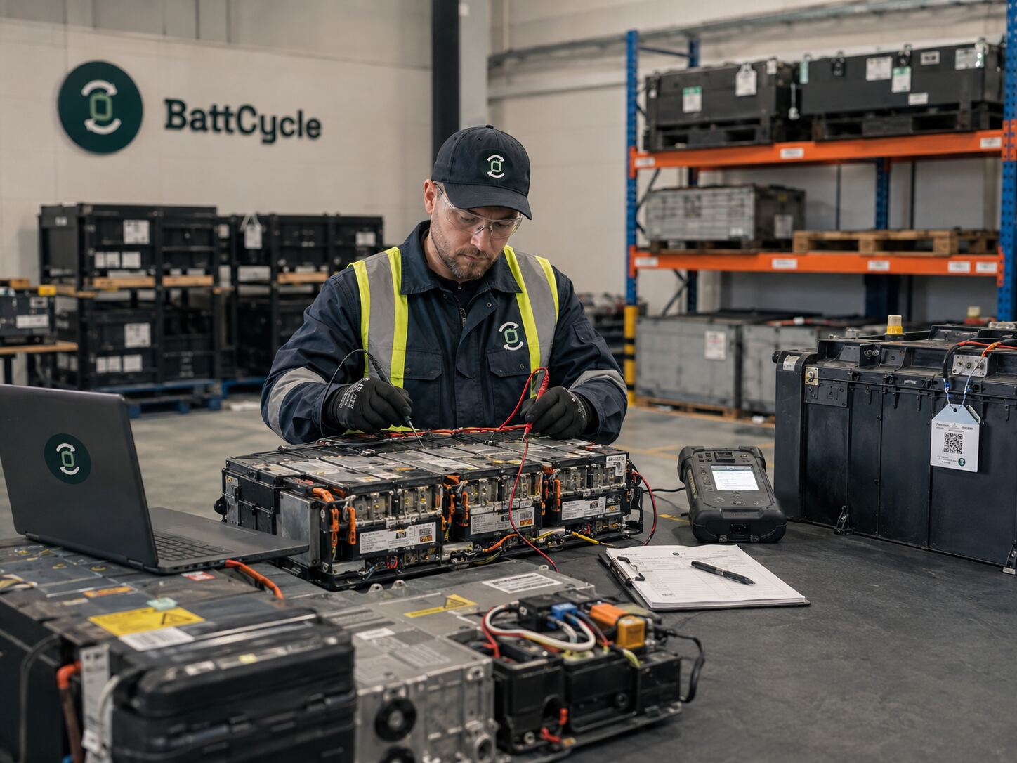 Techniker prüft eine Batterie — Einzelfallprüfung im Batterie-Recycling-Prozess