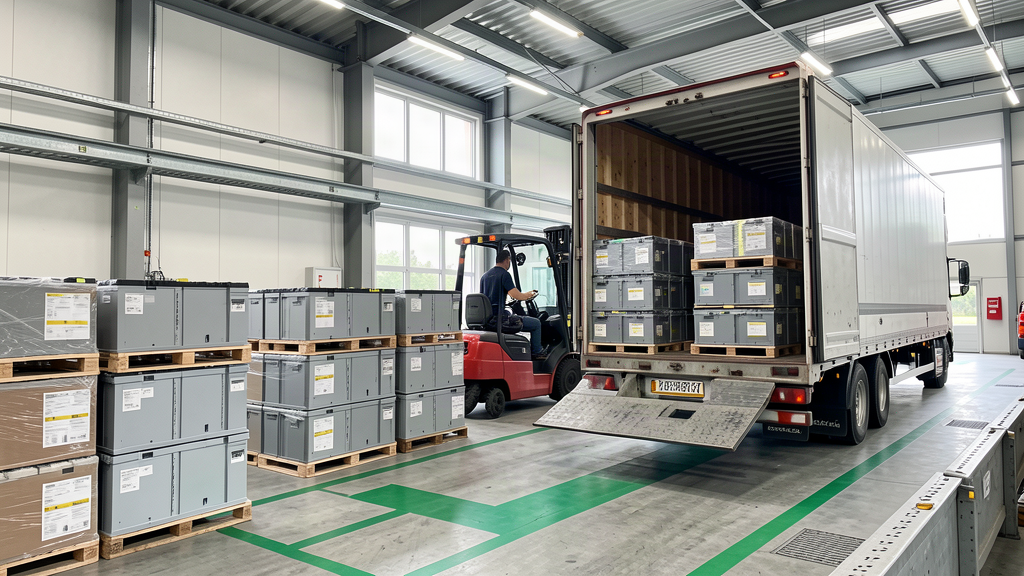 Gabelstapler beladen Paletten mit Batterien in einer Logistikhalle