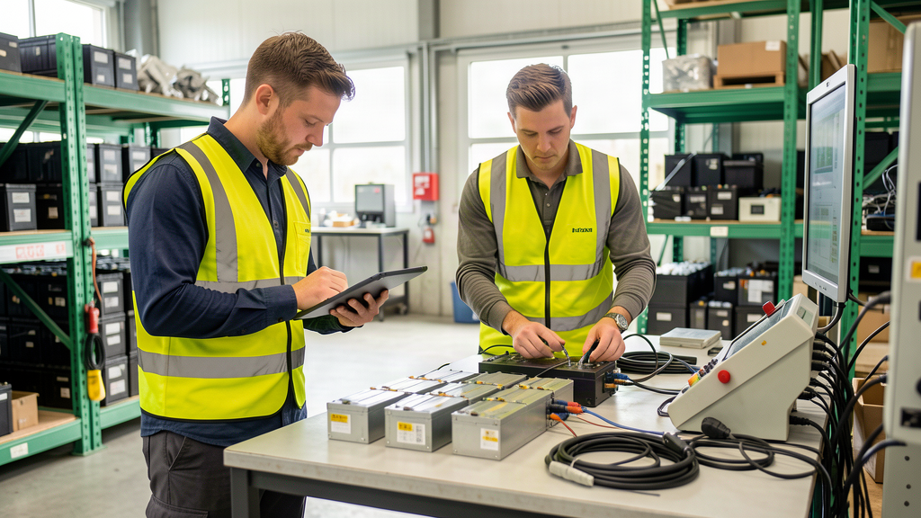 Zwei Techniker beim Testen und Prüfen von Batteriemodulen in einer Battecycle-Partneranlage