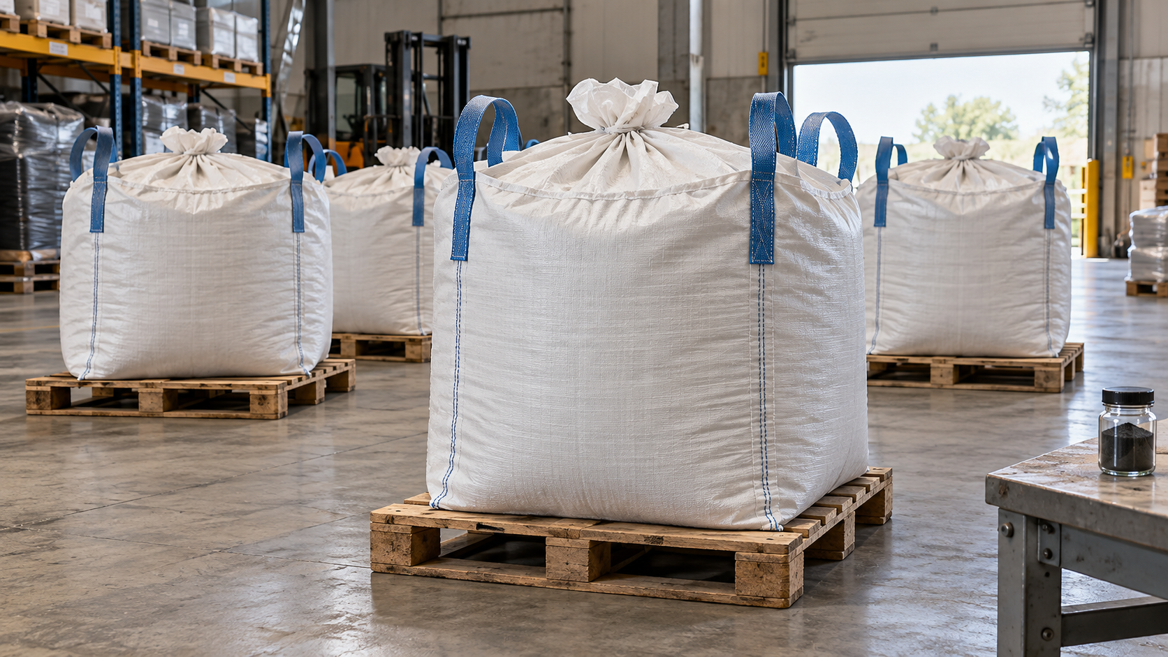 Verschlossene industrielle Big Bags mit blauen Hebeschlaufen auf Paletten