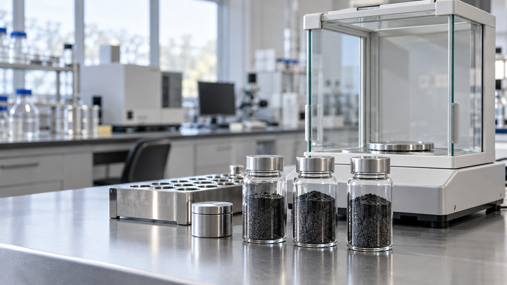 Verschlossene Black-Mass-Proben neben einer Laborwaage