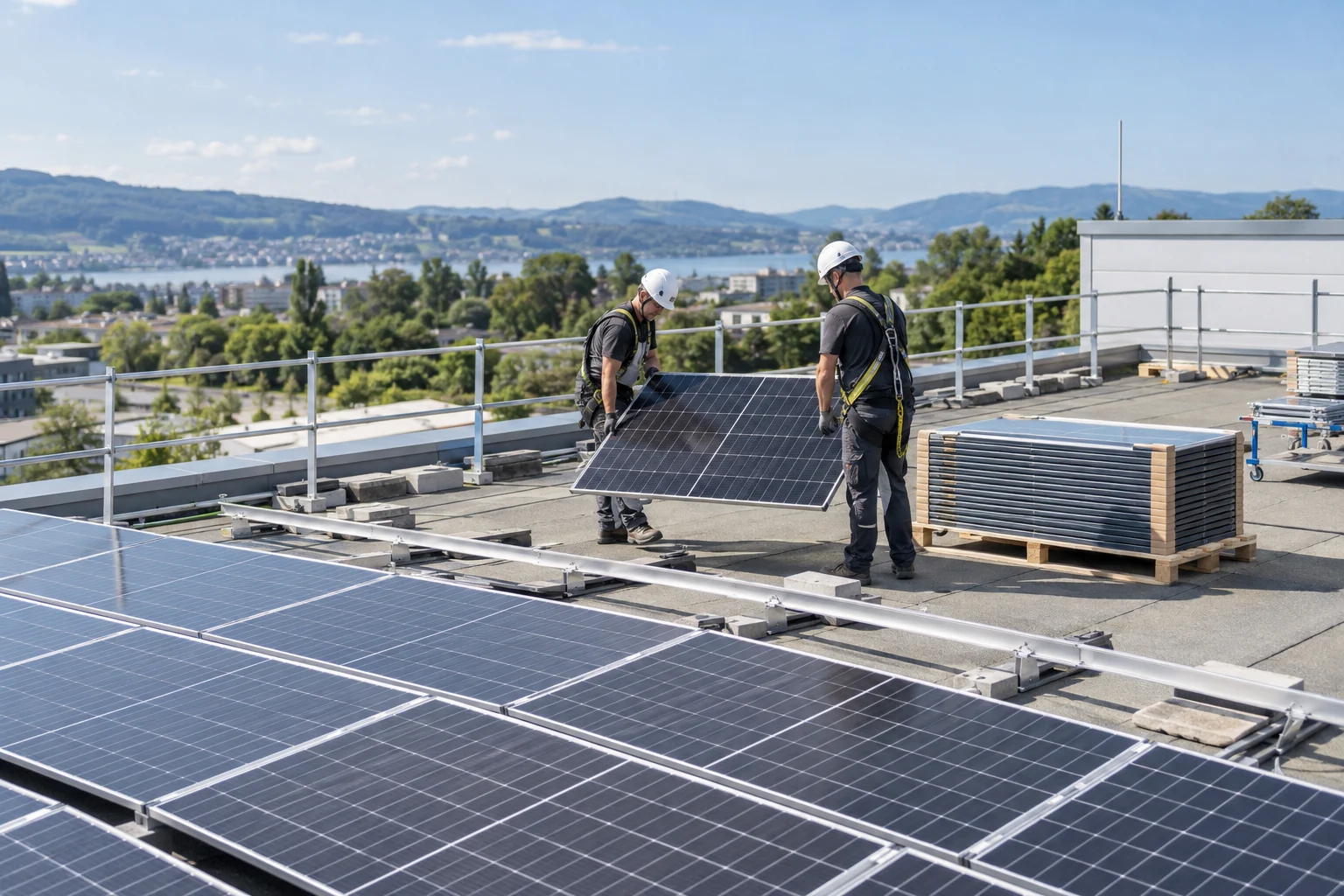 Dachsanierung mit Photovoltaikmodulen und gesicherter Arbeitsfläche