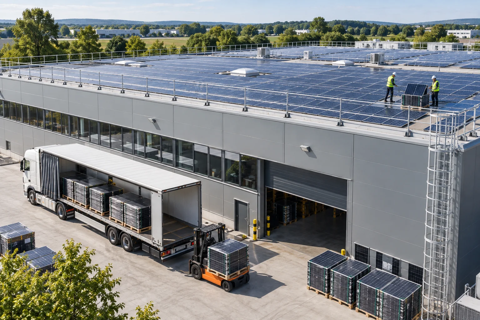 Gewerbedach mit PV-Anlage und geplanter Zugangs- und Ladezone