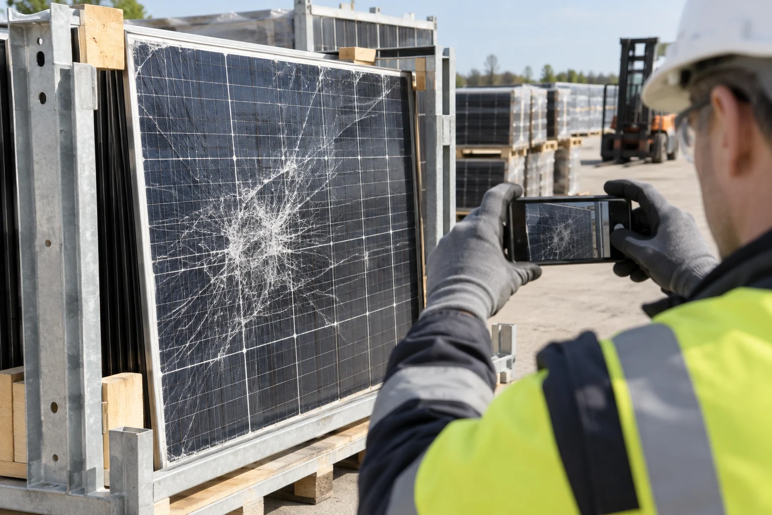 Fotografische Dokumentation eines beschädigten Solarmoduls in gesicherter Bereitstellung