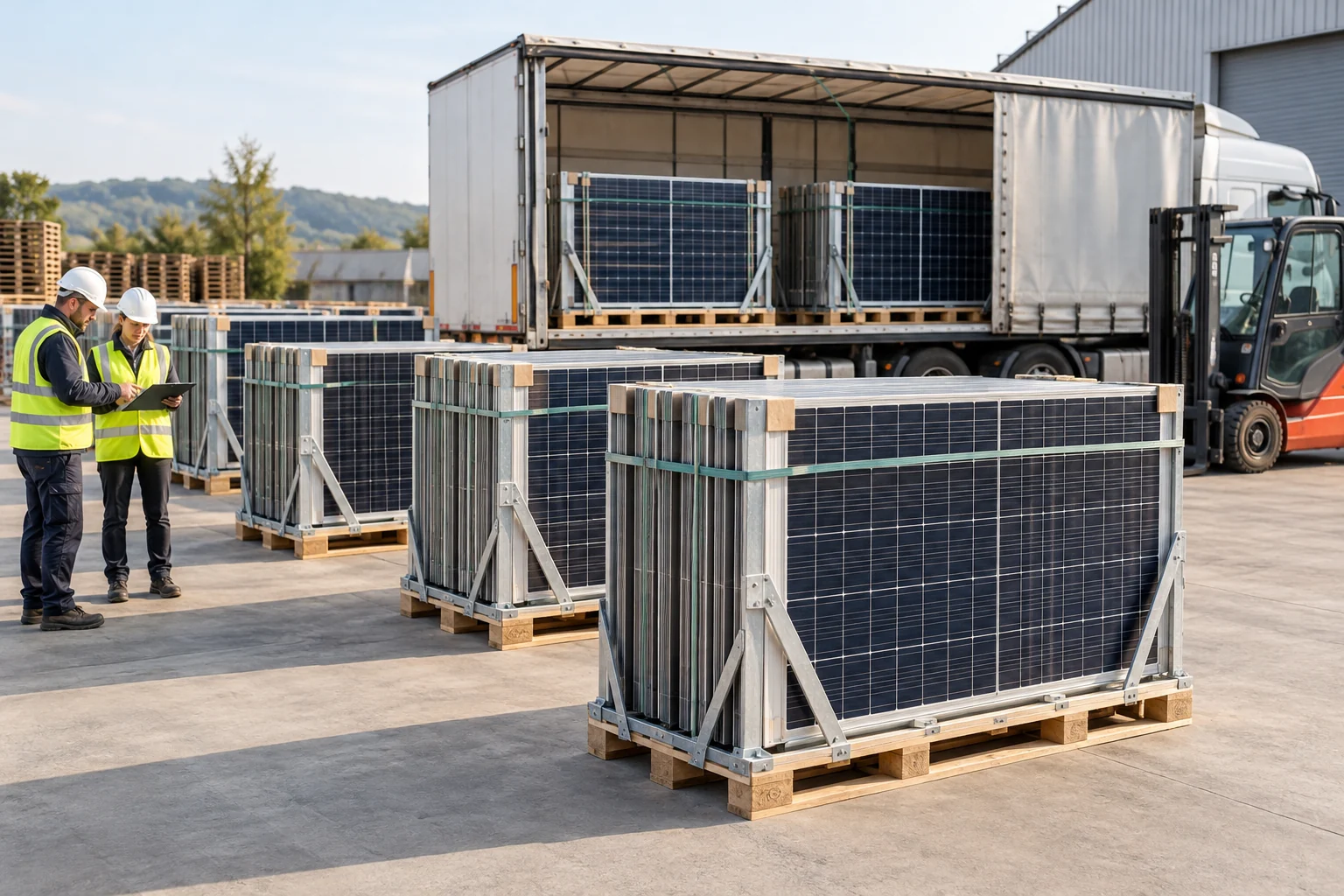Gesicherte Transportgestelle und Paletten für die Abholung von Solarmodulen